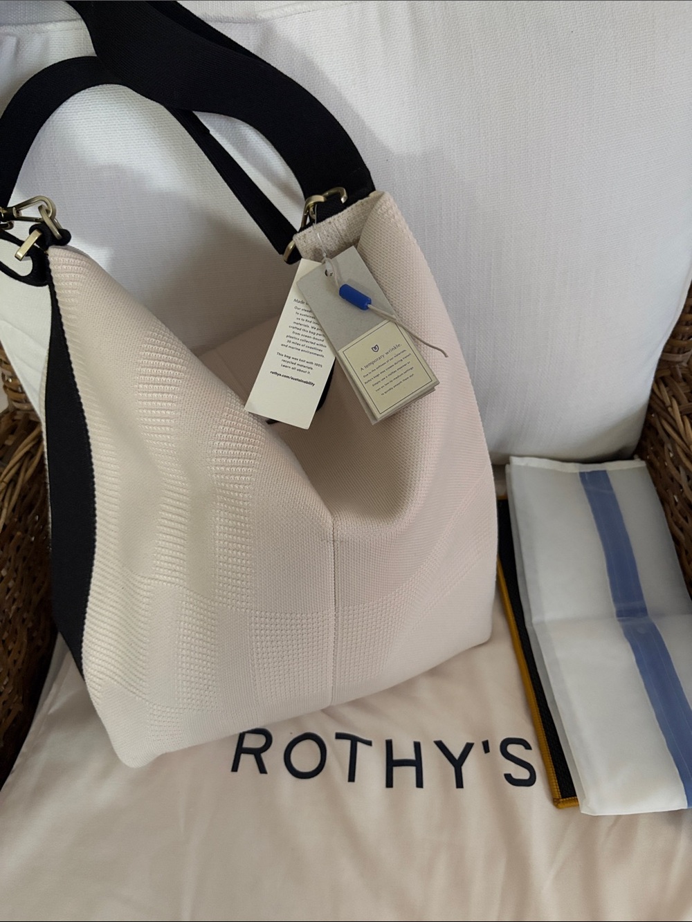Rothy's Cream Knit Shoulder Hobo with Black Strap and Tags